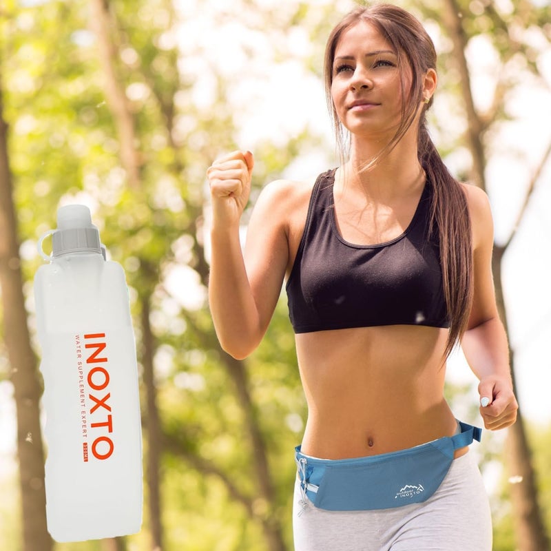 INOXTO Slim Running Belt Fanny Pack for Women and Men Sports Waist Bag Pack with 300ml Water Bottle for Running Walking Cycling Hiking Reflective Running Pouch Belt for All Phones (Black) (Dack Blue) - Image 5